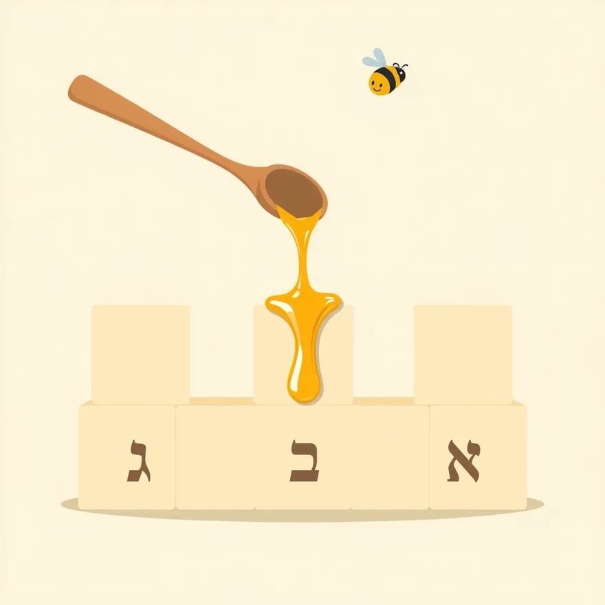 A wooden spoon drips golden honey onto alef-bais blocks while a small bee flies overhead